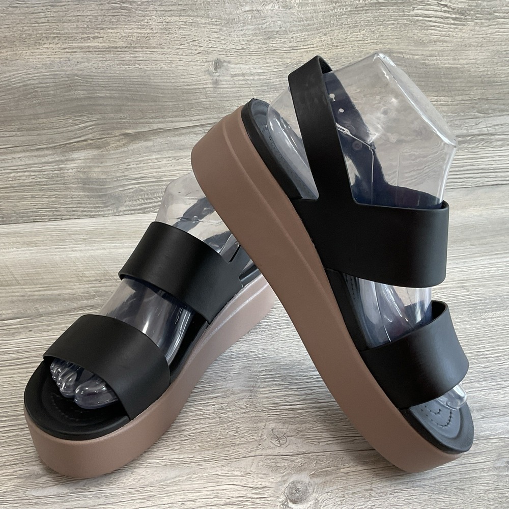 Crocs Literide Brooklyn Platform Black Slingback Beige Wedge Sandle Women's 9 US